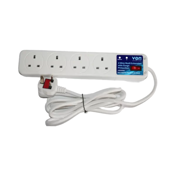 VON VXE04WSAB 4-Way Extension Cable – Powerful 4-Way, 3-Metre Extension with 3000W Capacity & Surge Protection