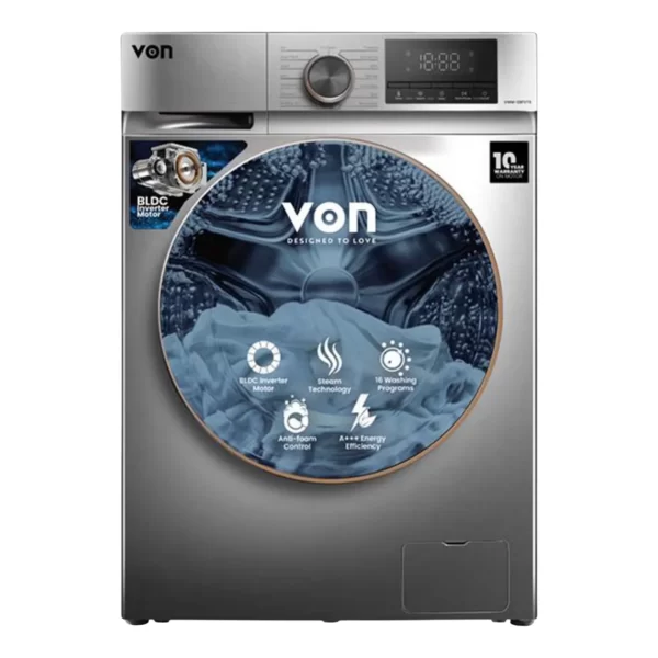 VON VWM-08FVTS Washing Machine – Powerful 8KG Front Load with BLDC Inverter, Steam Wash & A+++ Energy Rating