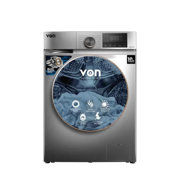 VON VWM-12FVTS Front Load Washing Machine – Powerful 12KG Capacity, Steam Technology, BLDC Inverter Motor & A+++ Energy Rating